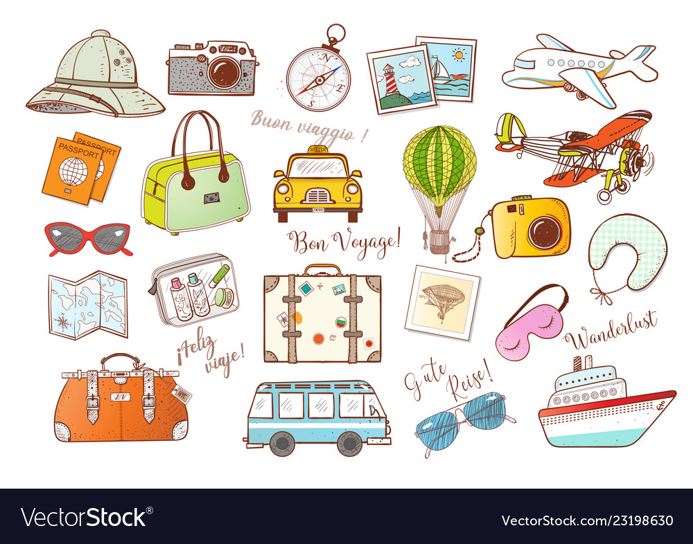 Colored travel doodles on white background vector image Colored travel doodles on white background
