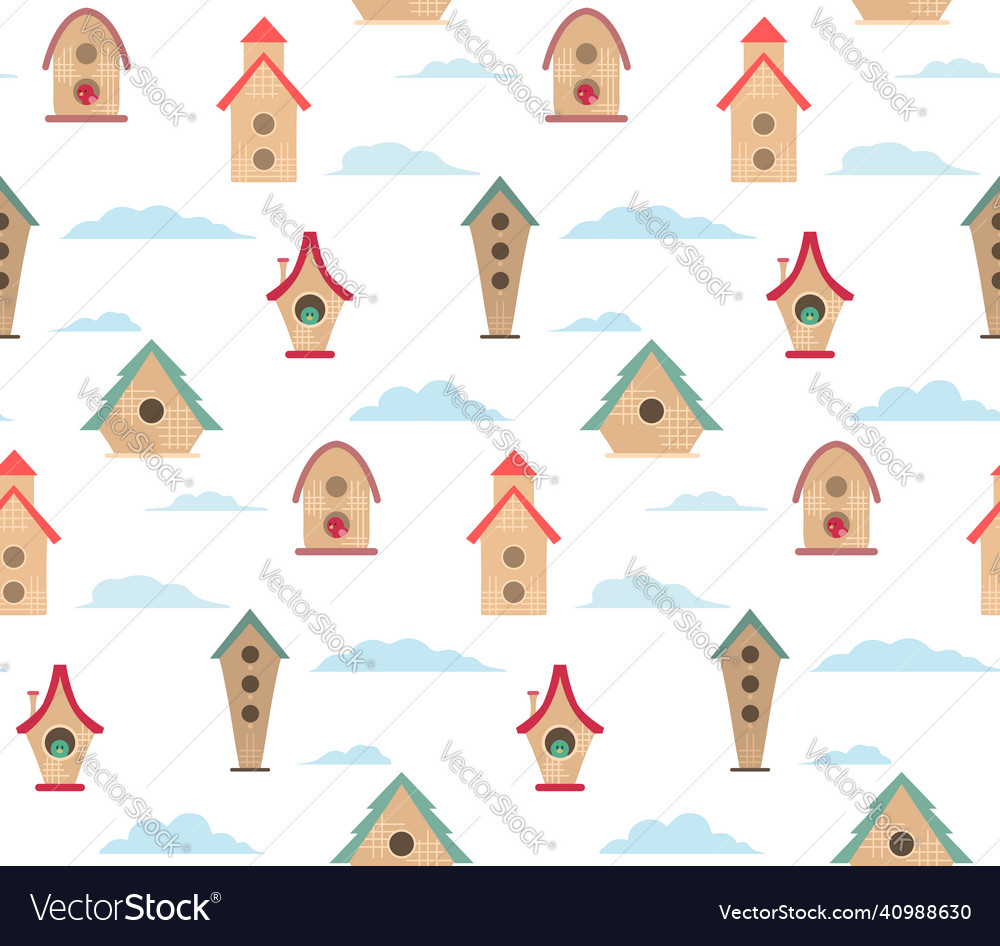 Seamless pattern with simple bird houses