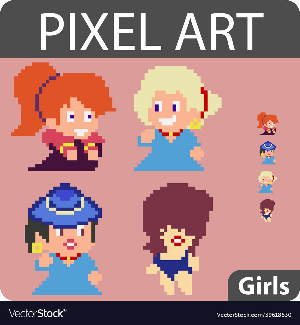 Set of pixel characters in art style vector image Set of pixel characters in art style
