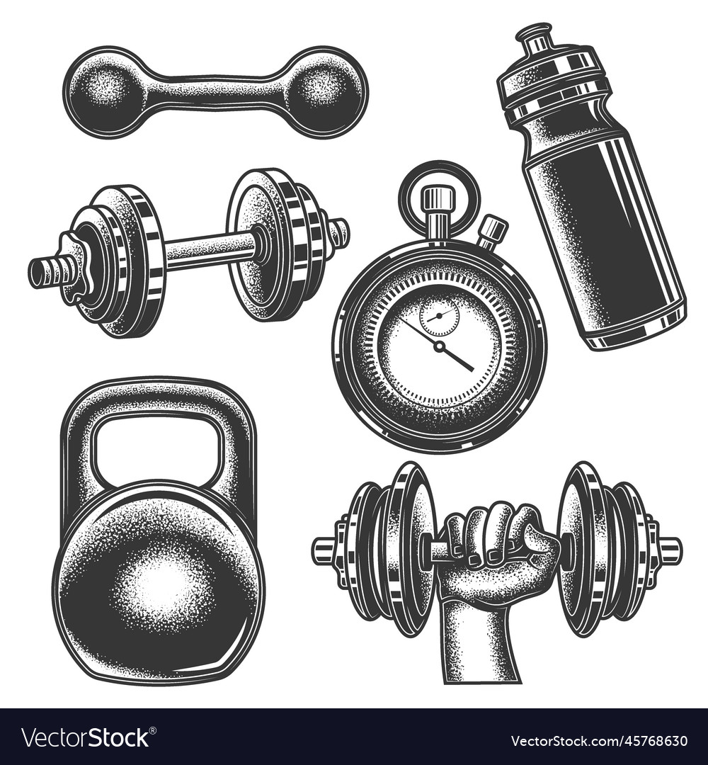Sportset im Vintage-Stil gesunden Lebensstil vector image Sportset im Vintage-Stil gesunden Lebensstil