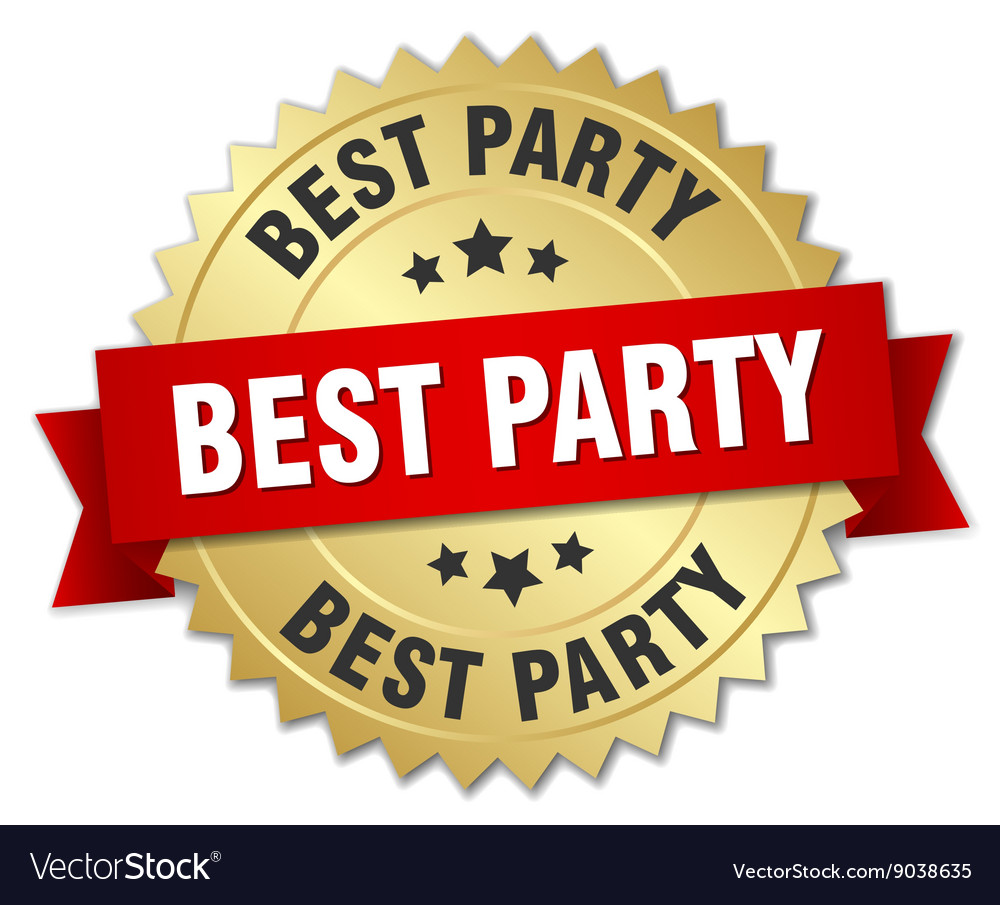 Best party 3d gold badge with red ribbon