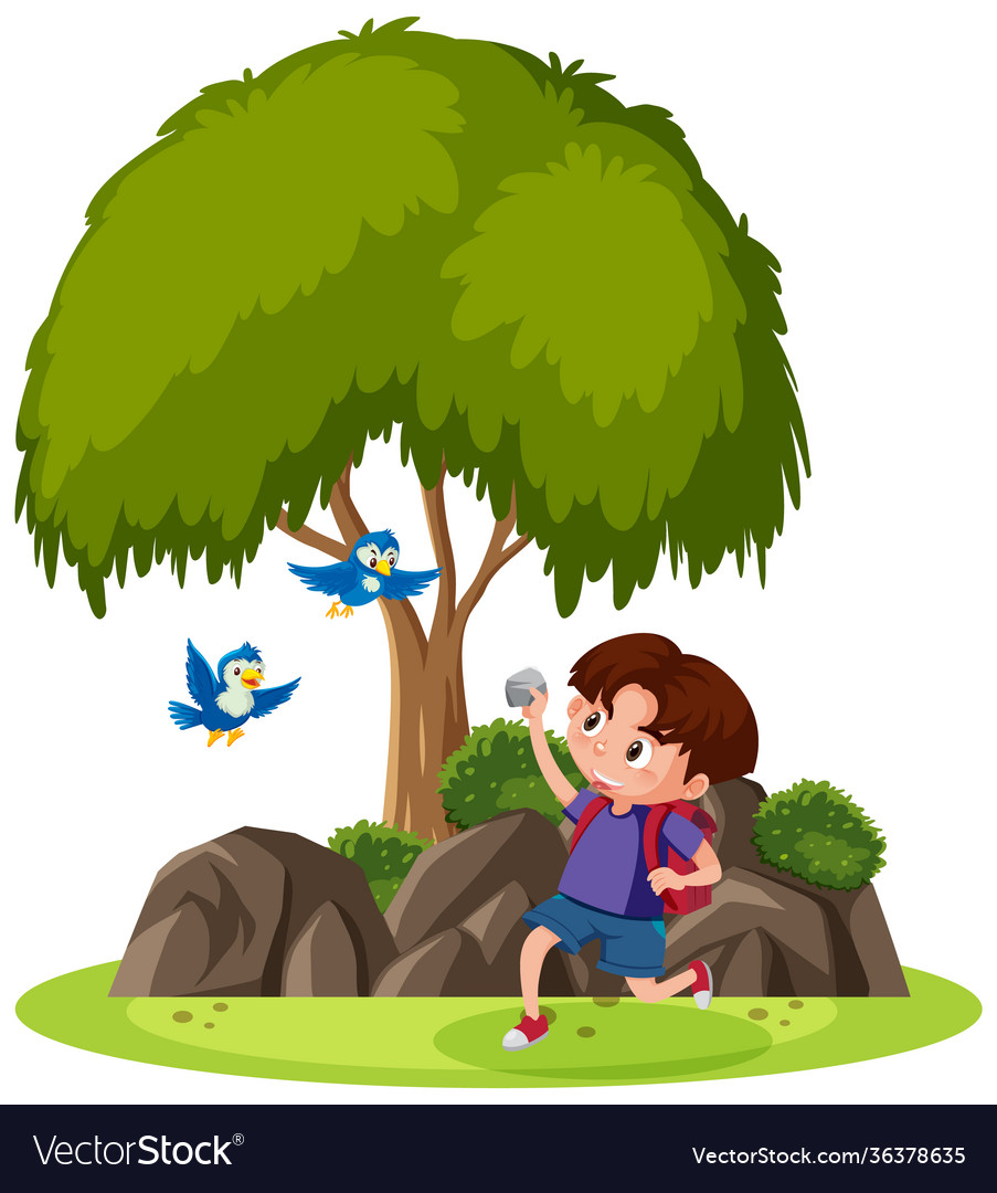 Boy Throwing Stone at Birds