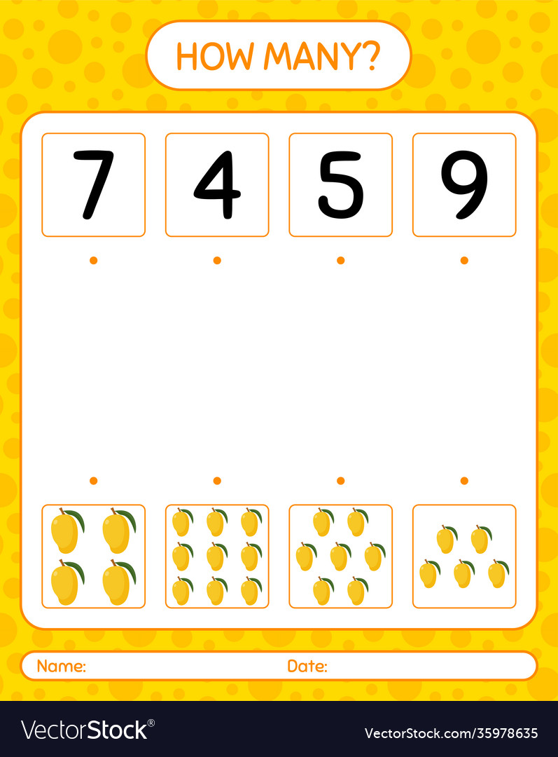 How many counting game with mango worksheet vector image How many counting game with mango worksheet