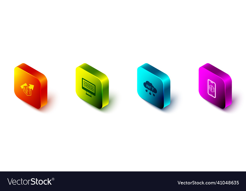 Set isometric nft growth bar chart binary code