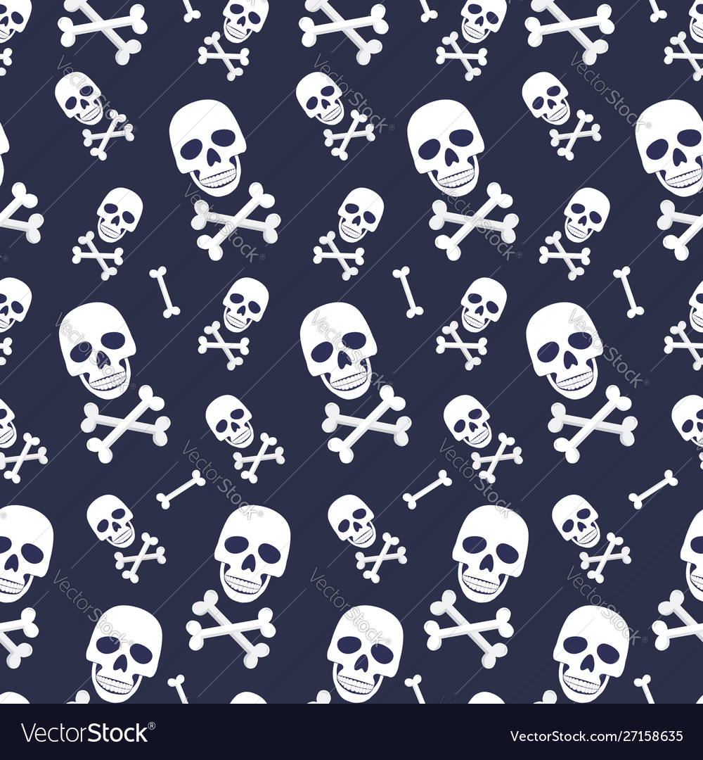 Skull and bone seamless pattern on blue