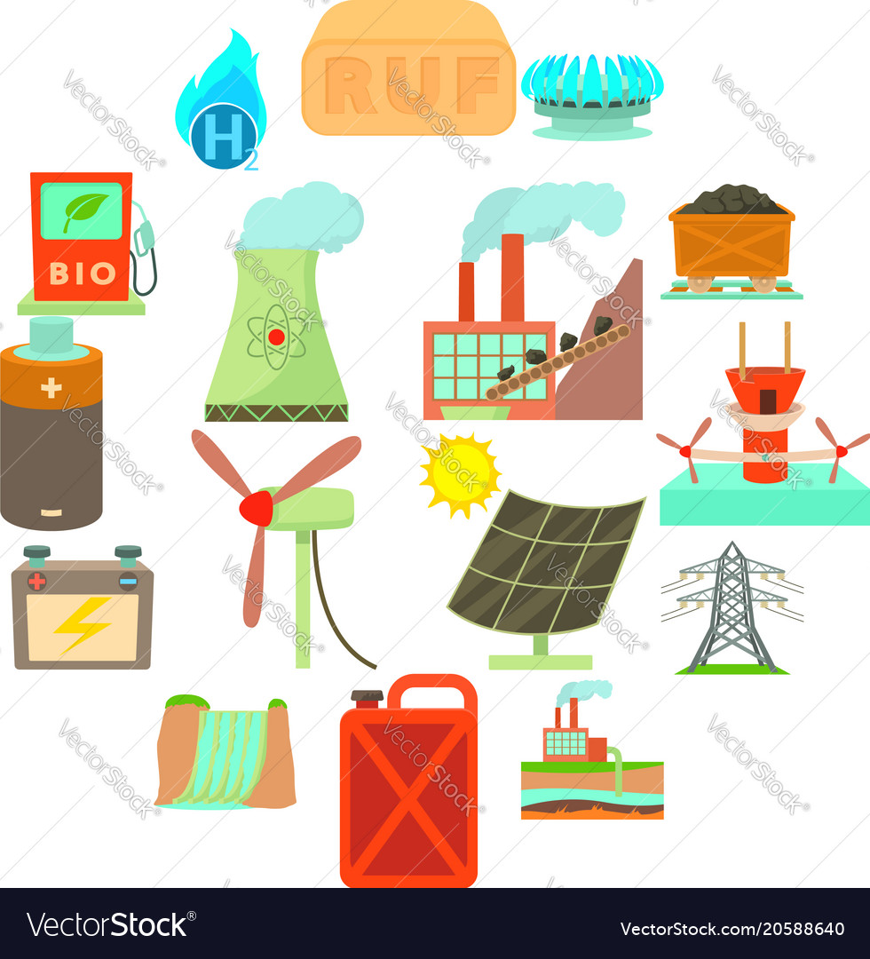 Energy sources items icons set cartoon style Vector Image