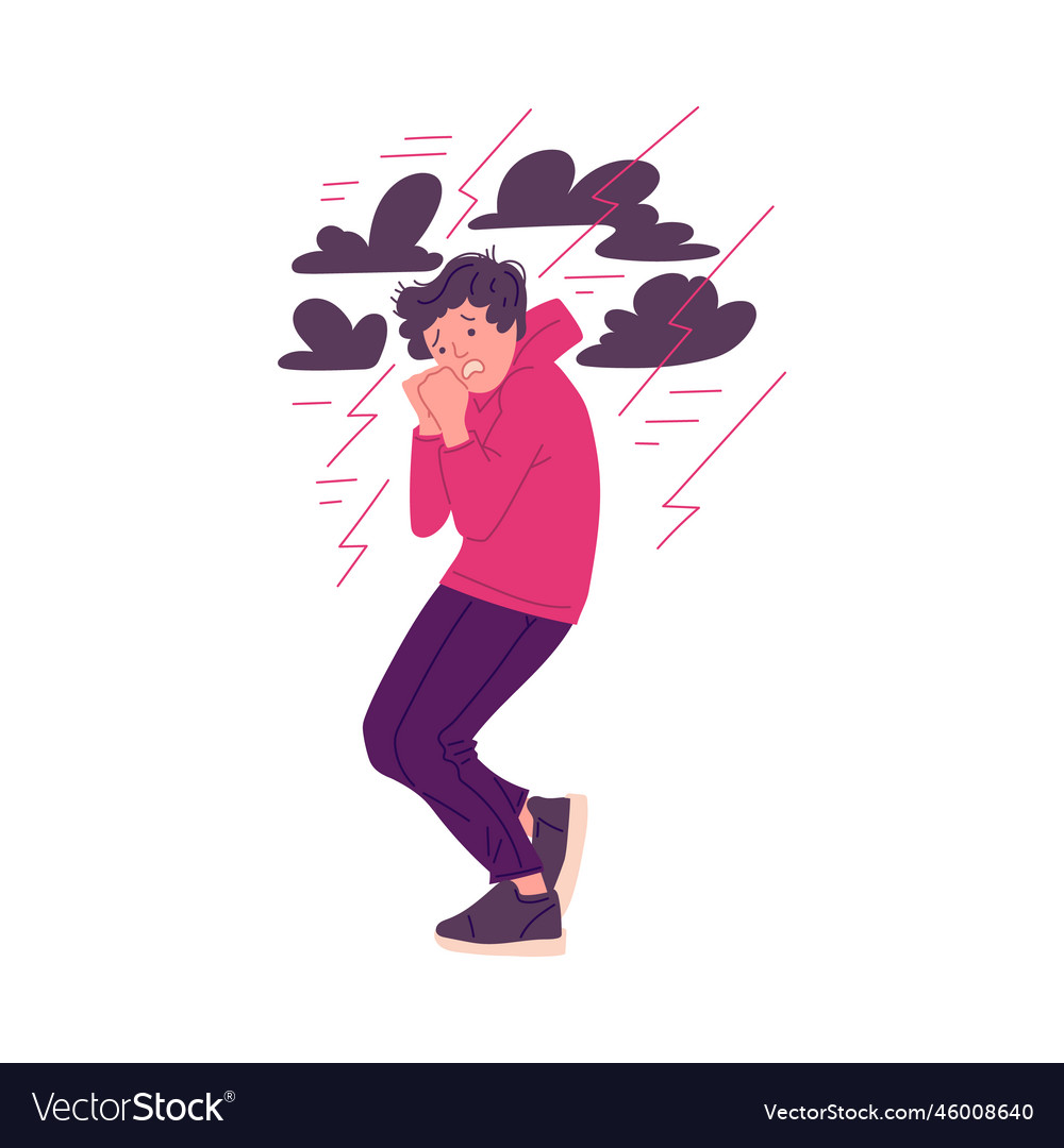 Scared man is afraid of lighting and thunderstorm Vector Image