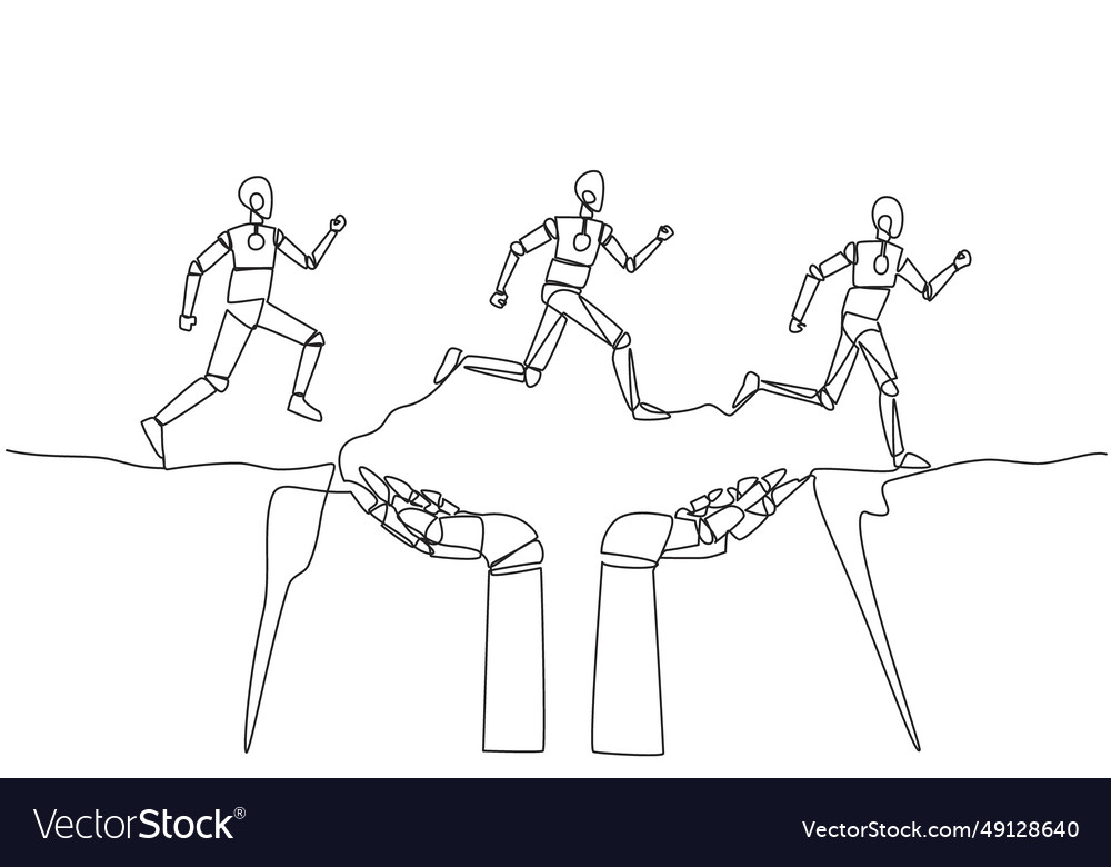 Single continuous line drawing three robots vector image Single continuous line drawing three robots