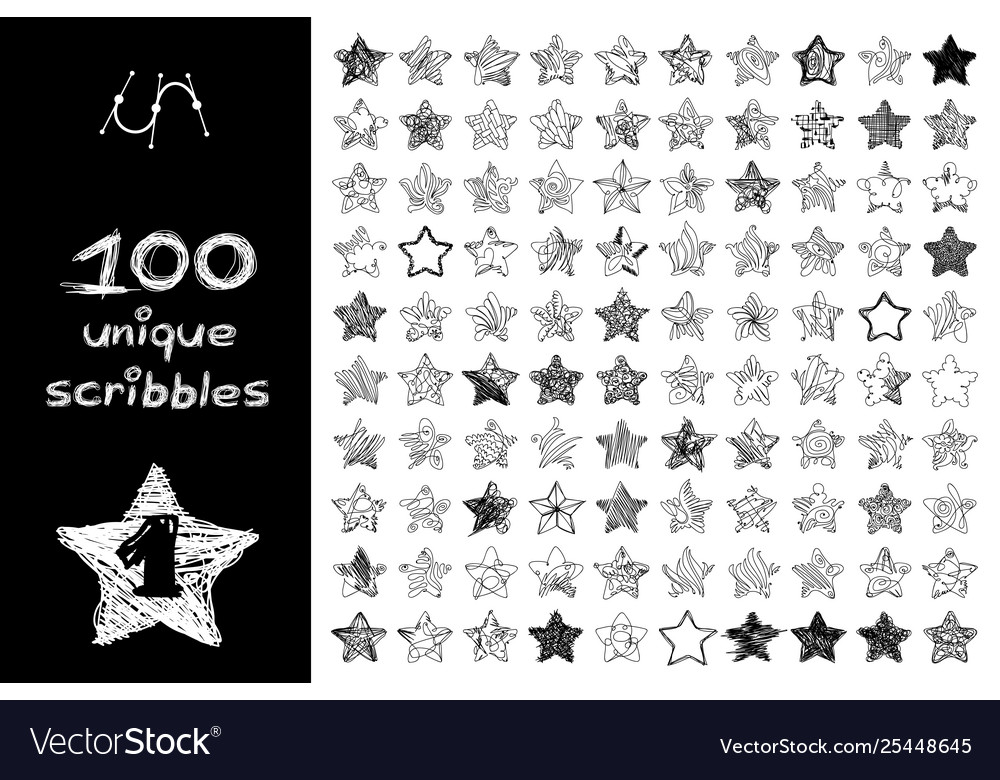 Black 100 scribbles objects set vector image Black 100 scribbles objects set