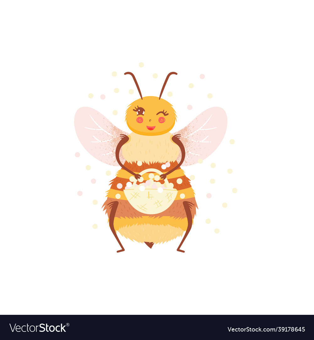 Cartoon glückliche Honigbiene mit Pollen im flachen Stil vector image Cartoon glückliche Honigbiene mit Pollen im flachen Stil