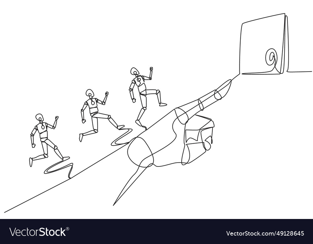 Single one line drawing 3 robots running on giant vector image Single one line drawing 3 robots running on giant