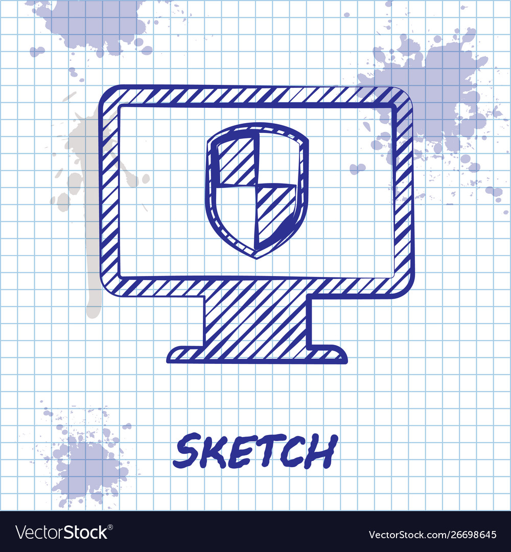 Sketch line monitor and shield icon isolated Vector Image Sketch line monitor and shield icon isolated