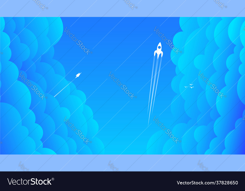 Blue clouded sky and small rocket silhouette