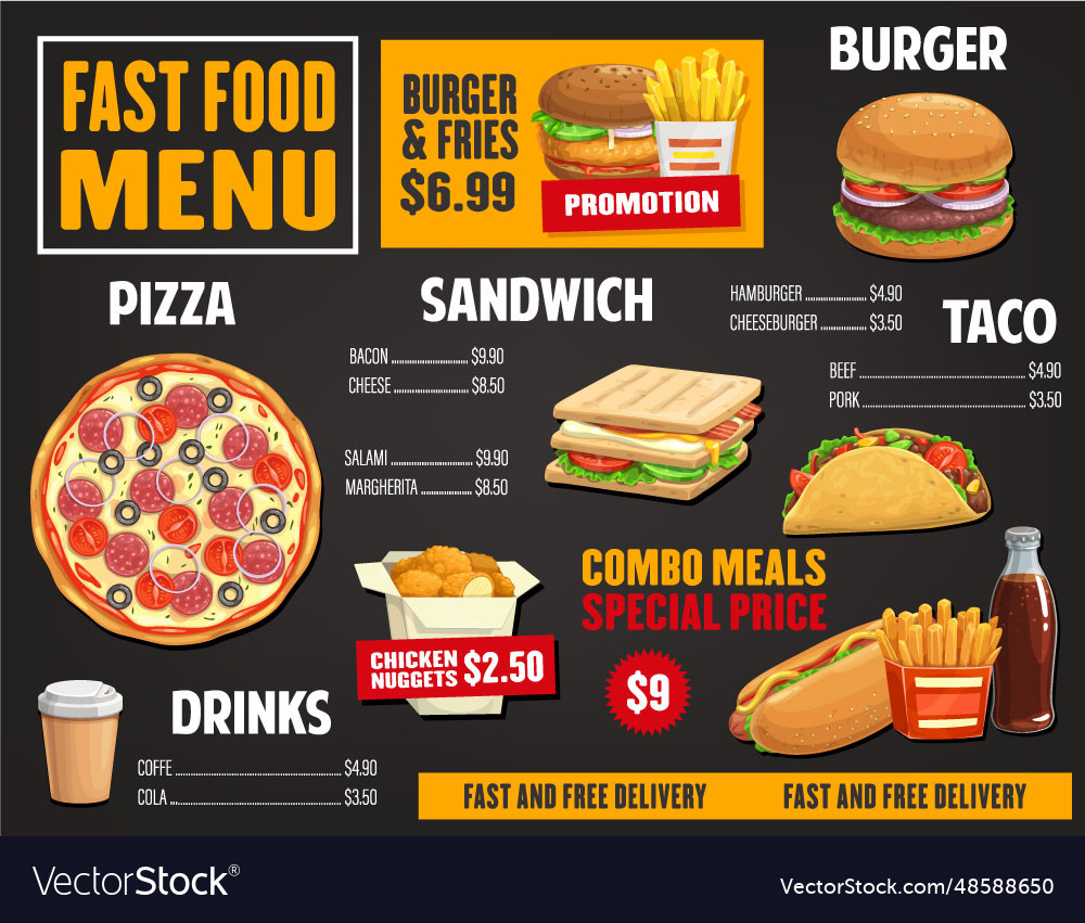 Fast Food Menu Template Takeaway Dishes Pi Vector Image