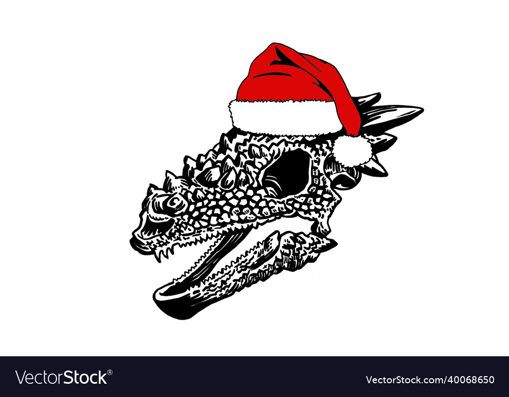 Graphical skull of dinosaur in santa claus hat