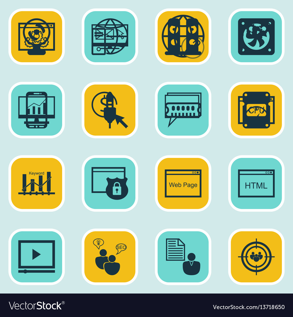 Set of 16 seo icons includes ppc web page vector image Set of 16 seo icons includes ppc web page
