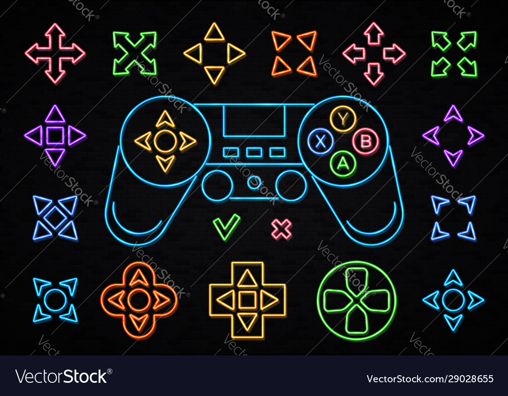 Neon joystick icon set isolated on dark background