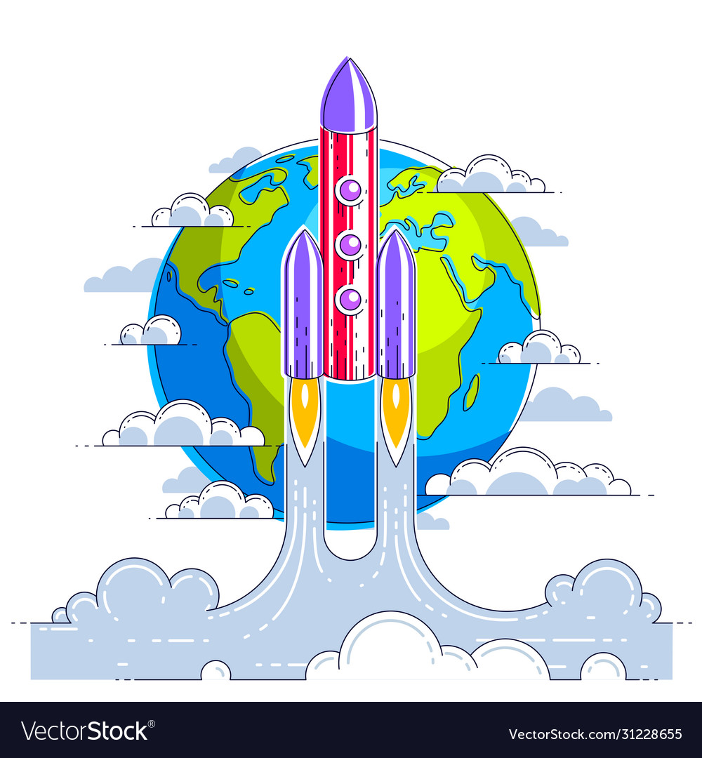 Rocket launch into undiscovered space with planet