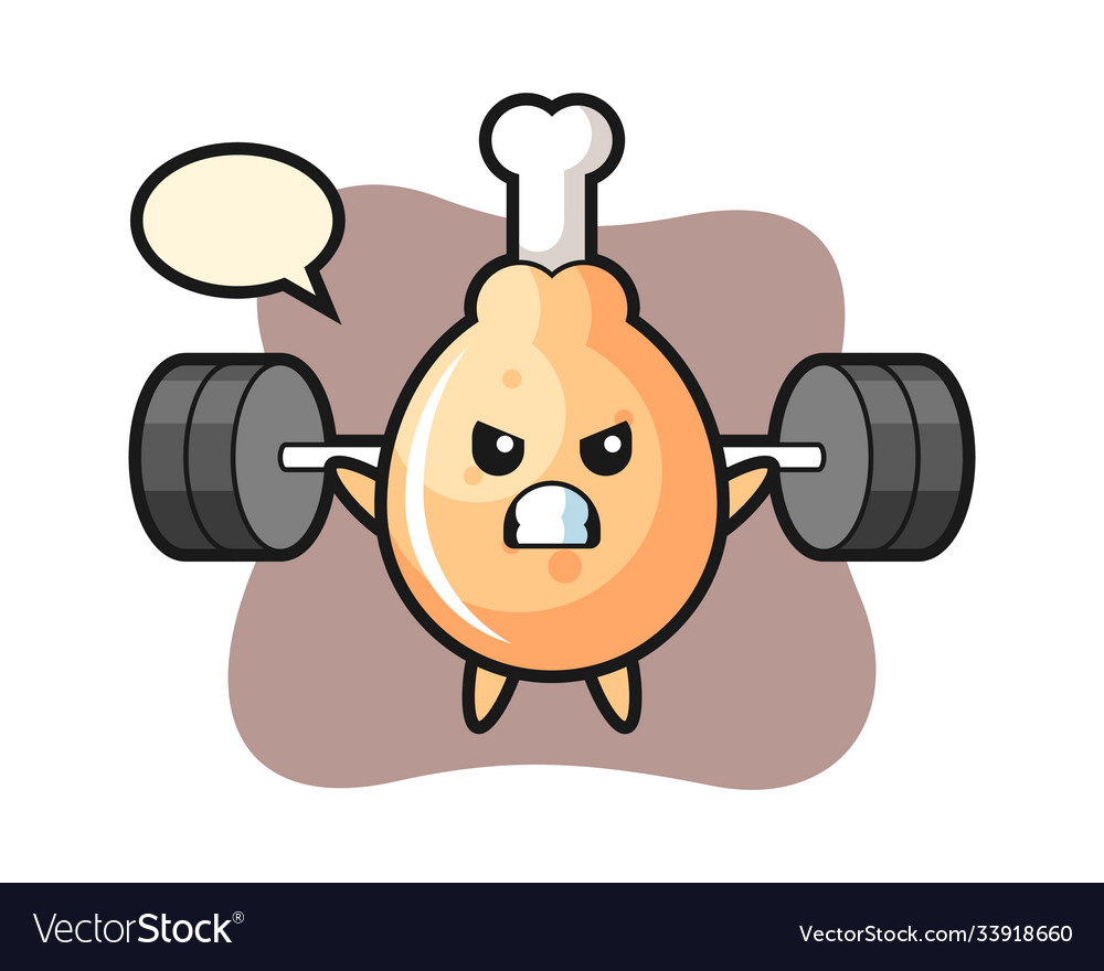 Fried chicken mascot cartoon with a barbell