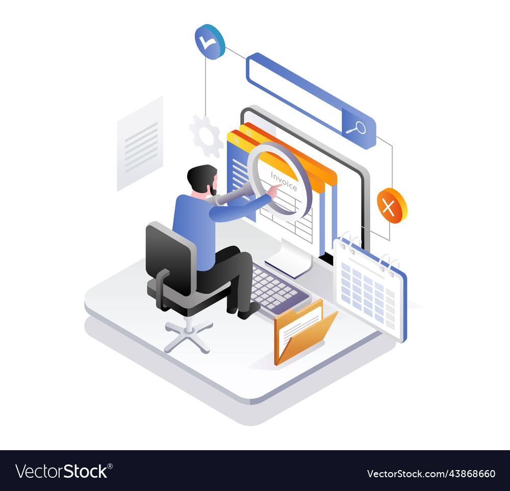 Man filtert Rechnungen aus Dokumentendaten vector image Man filtert Rechnungen aus Dokumentendaten