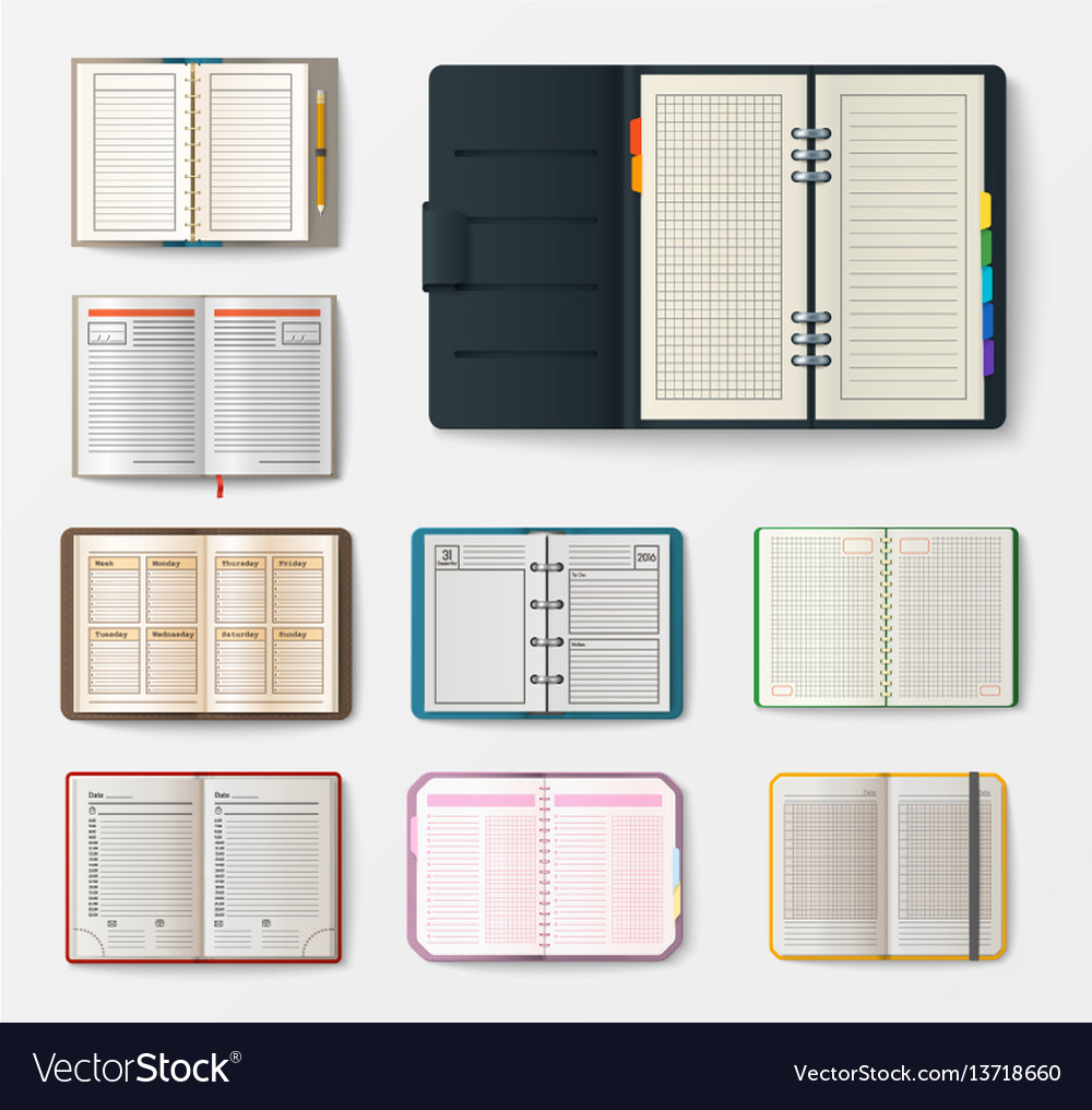 Set of open realistic notebooks with pages diary vector image Set of open realistic notebooks with pages diary