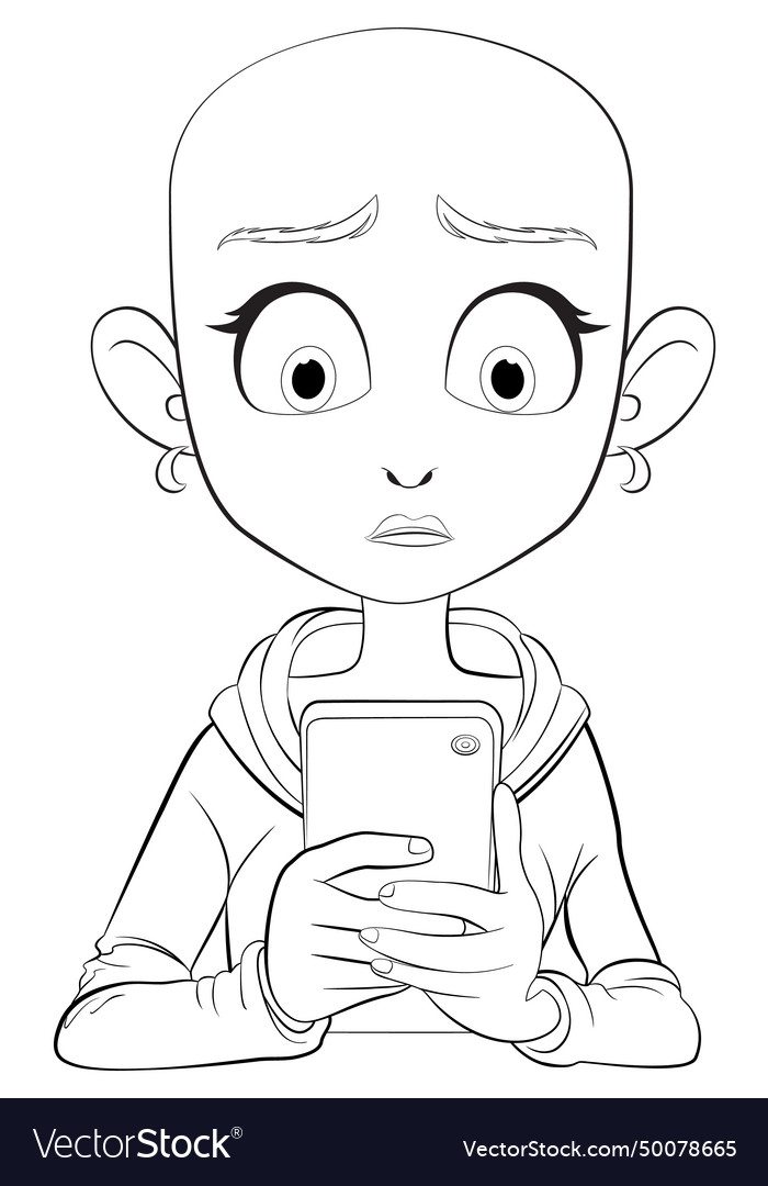 Cartoon child looking at phone with wide eyes Vector Image