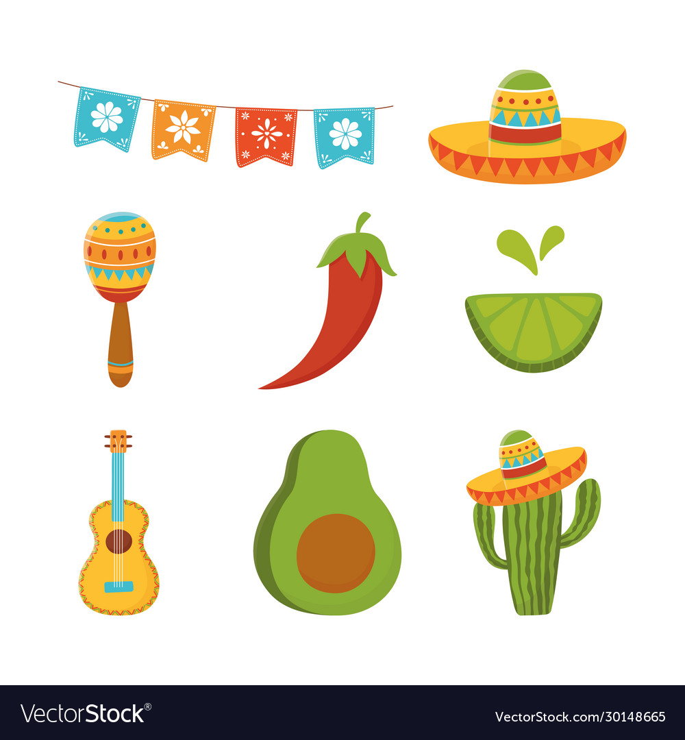 Cinco de mayo guitar cactus maraca lemon avocado Vector Image