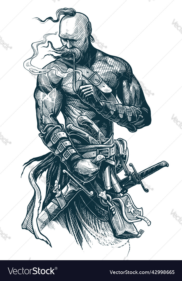 Graphic ukrainian cossack warrior holding sword