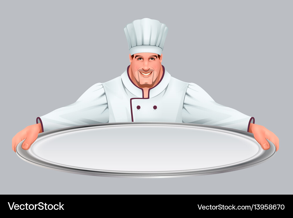 Chief cooker keeps large empty tray Royalty Free Vector