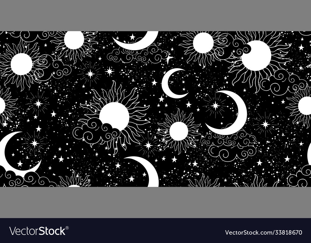 Seamless Black And White Space Pattern With Sun Vector Image