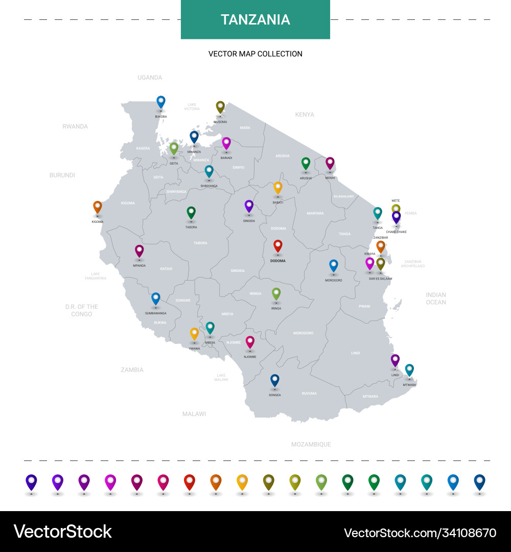Tanzania map with location pointer marks Vector Image