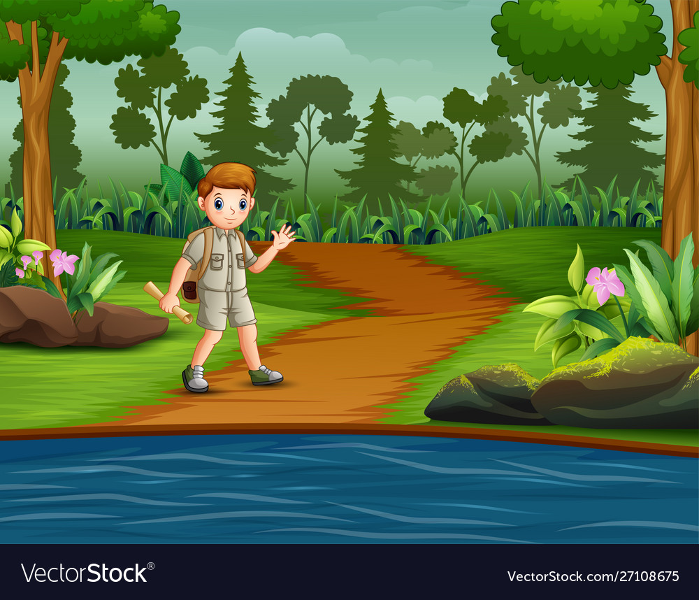 Boy Scout With Backpack Hiking On Forest Track Vector Image