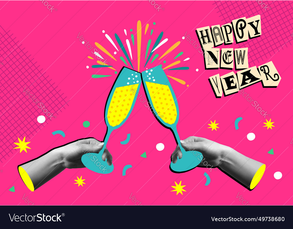 Cheers toast for new year in collage mixed media Vector Image
