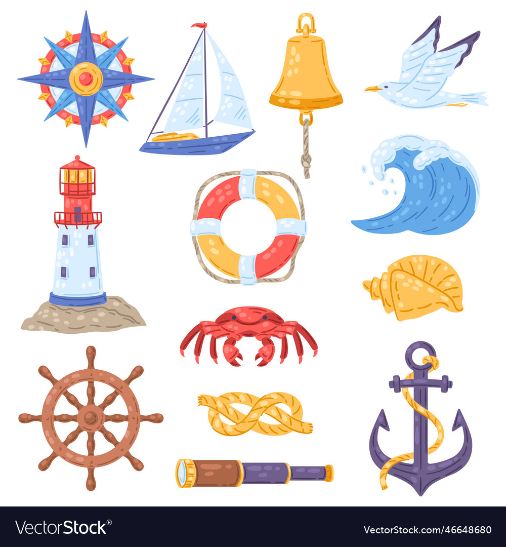 Collection of nautical symbols and items marine