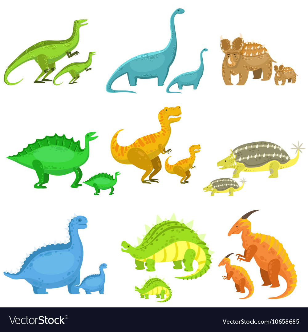 Different Dinosaurs In Pairs Of Big And Small Vector Image