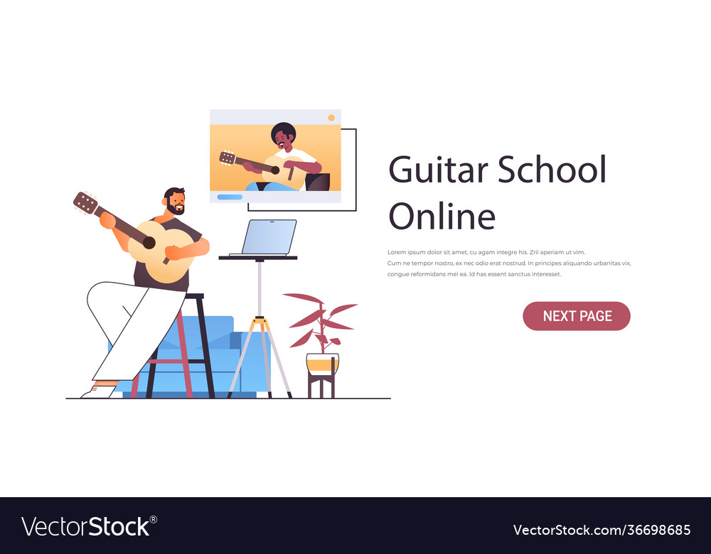 Man playing guitar with teacher in web browser vector image Man playing guitar with teacher in web browser