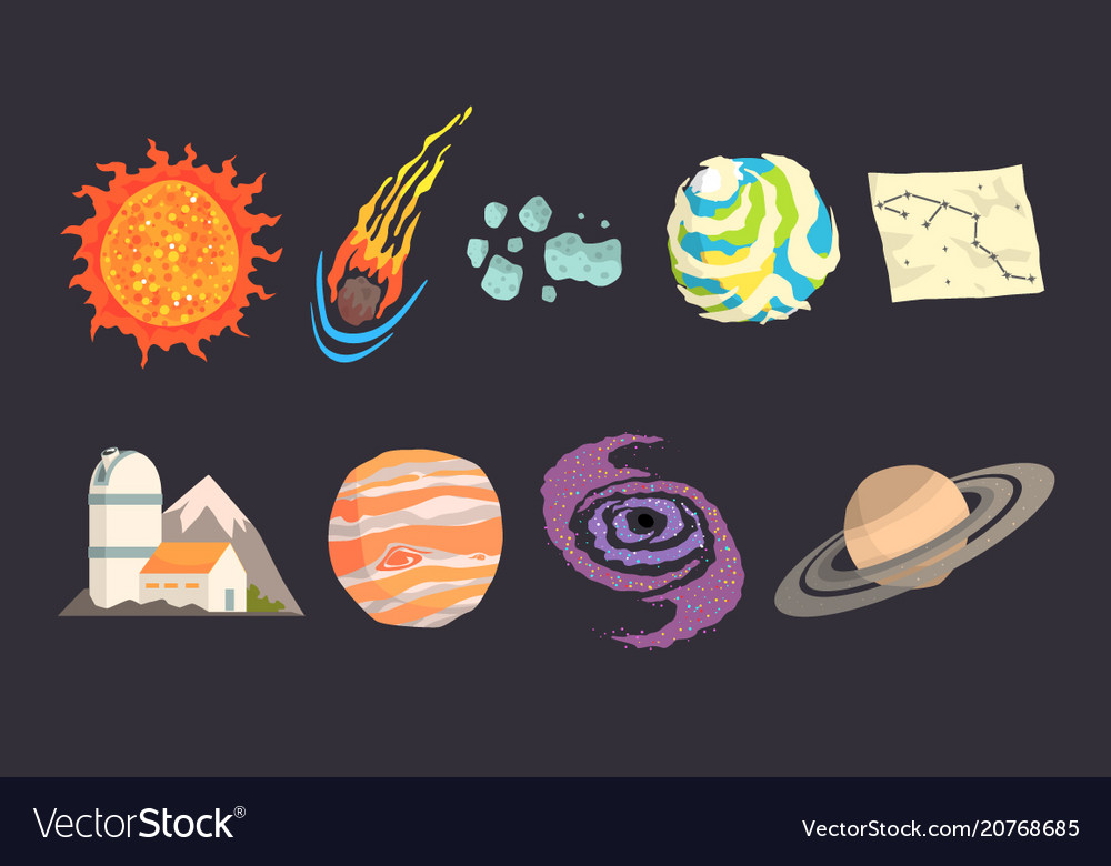 Solar system objects set colorful collection vector image Solar system objects set colorful collection
