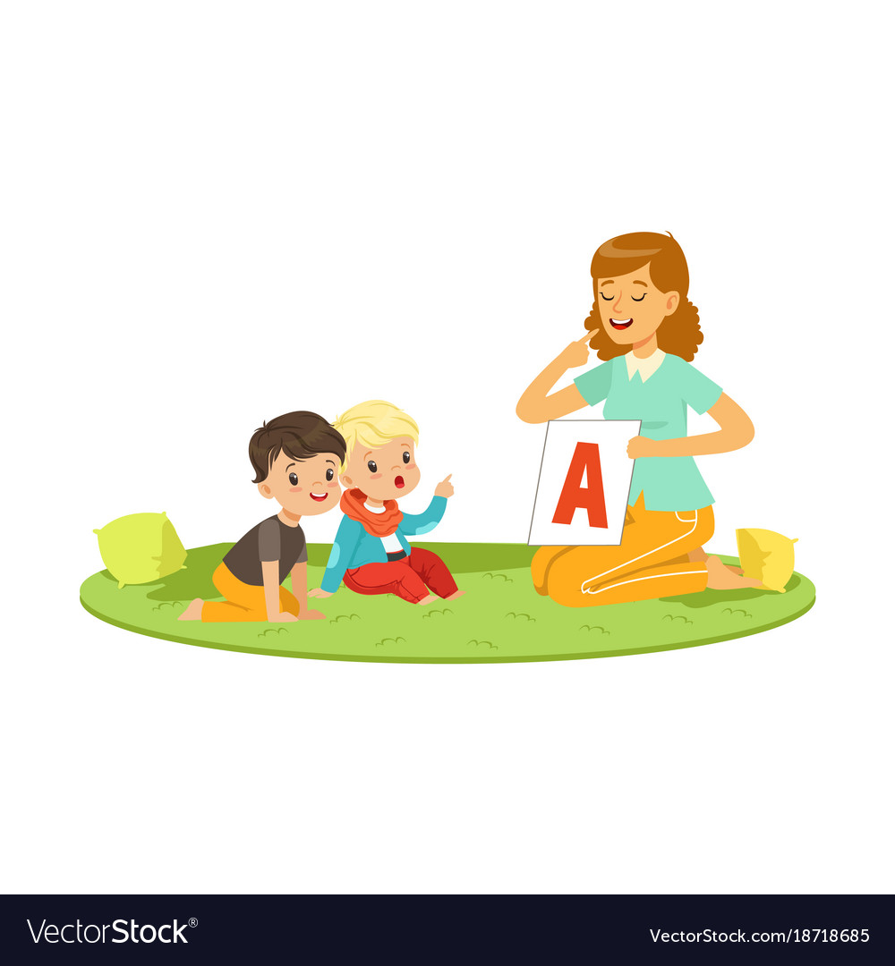 Woman with toddlers sitting on round carpet