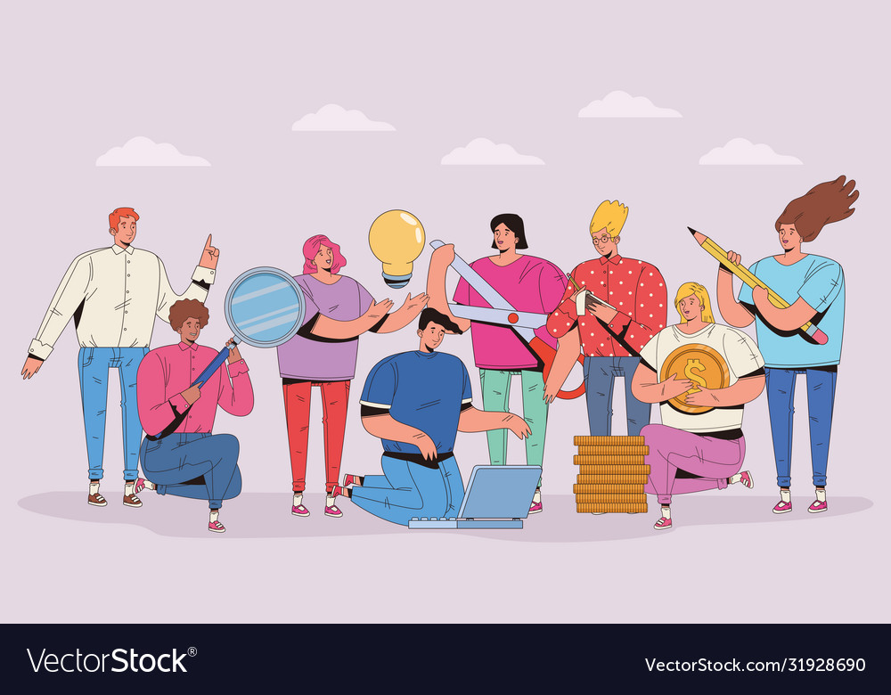 Group people with financial set icons