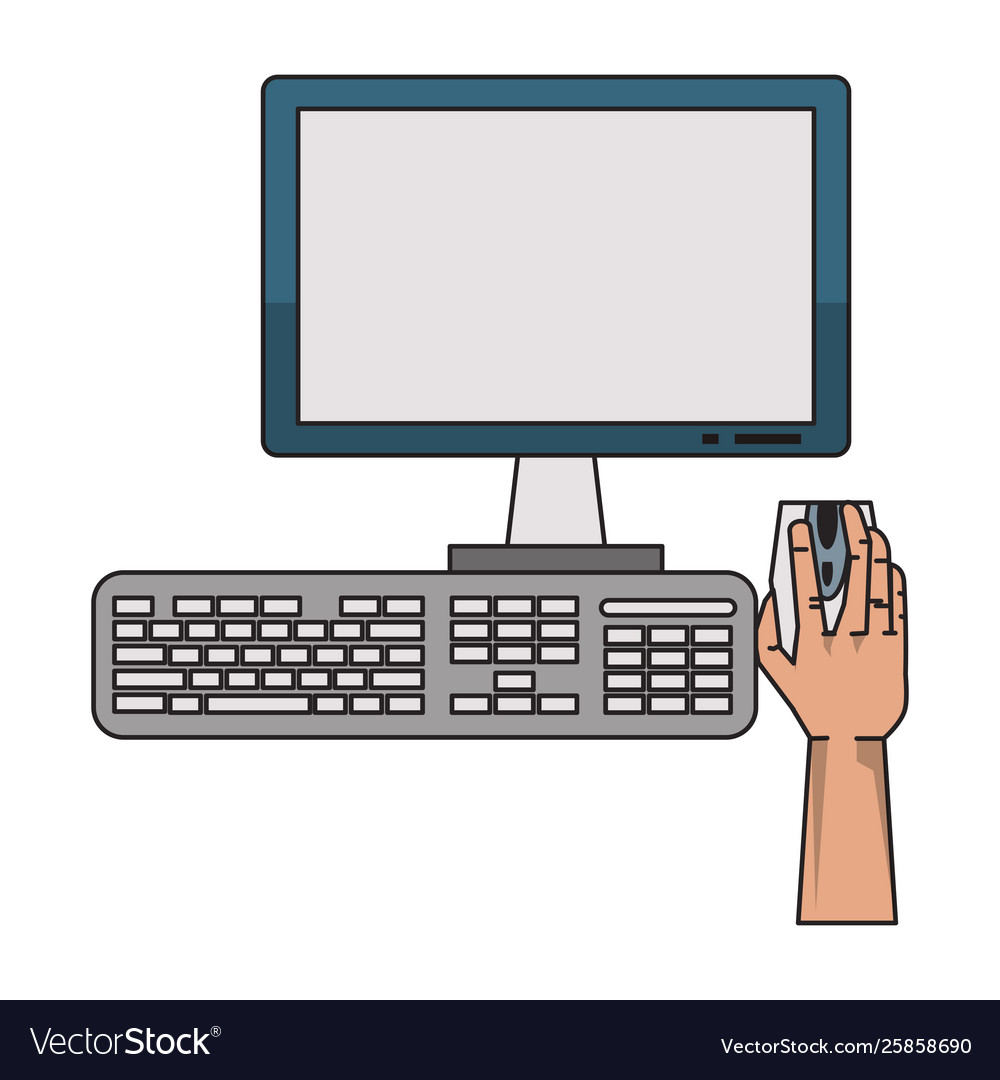 Hand using desk computer with mouse monitor