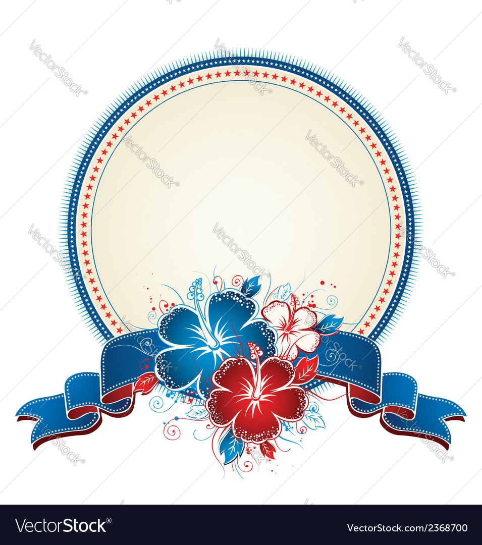 Bouquet of hibiscus and circle label with blue