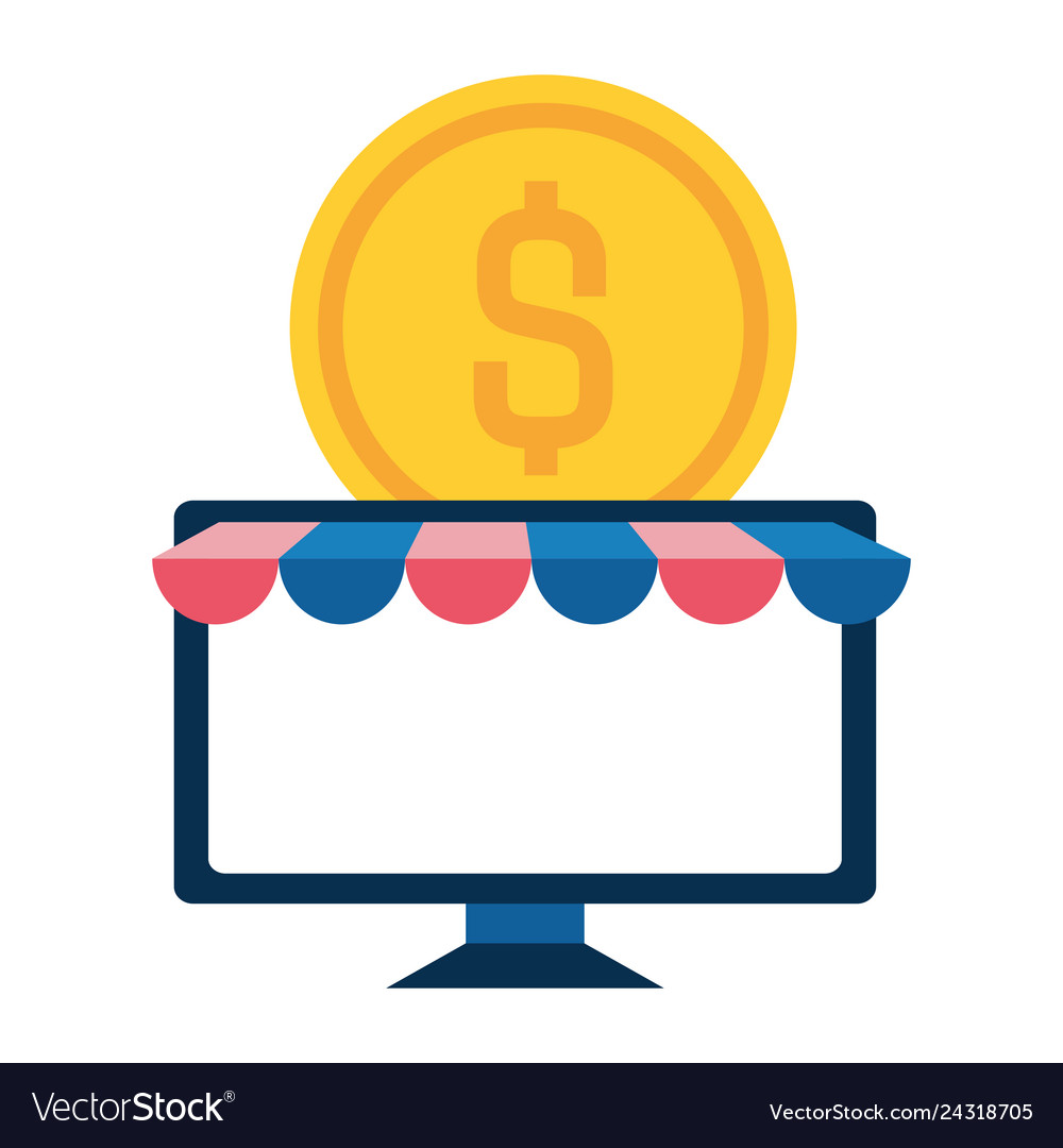 Desktop computer with ecommerce page and coin vector image Desktop computer with ecommerce page and coin