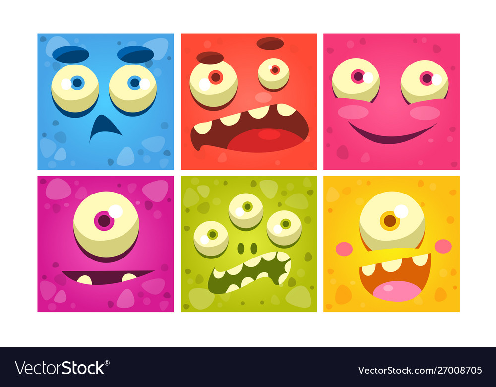 Funny monster faces set colorful square emojis