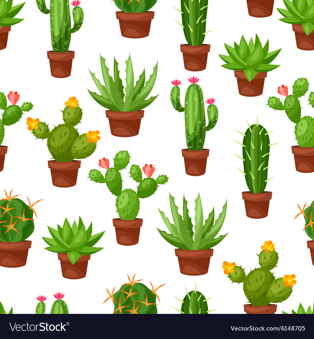 Seamless pattern of abstract cactuses in flower