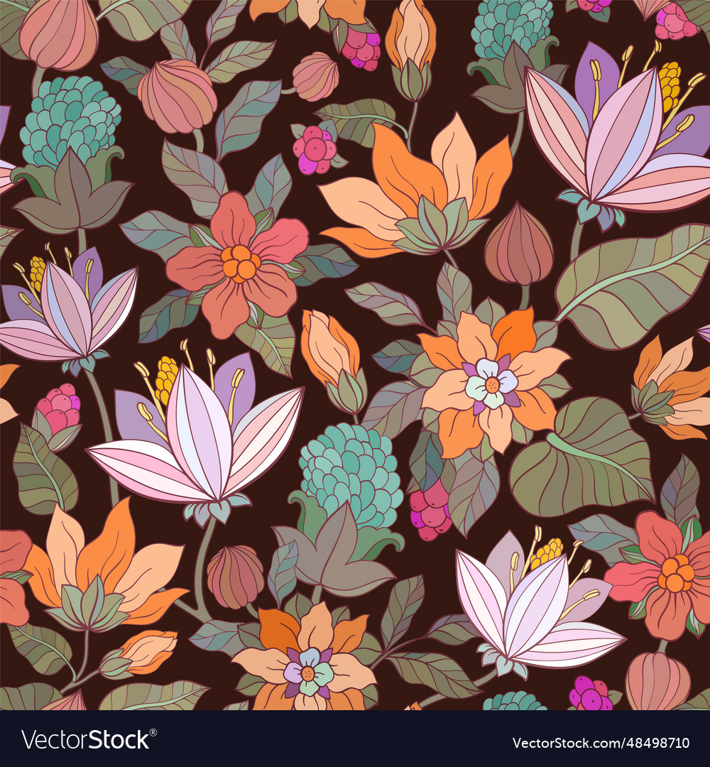 Blooming meadow seamless pattern dark background