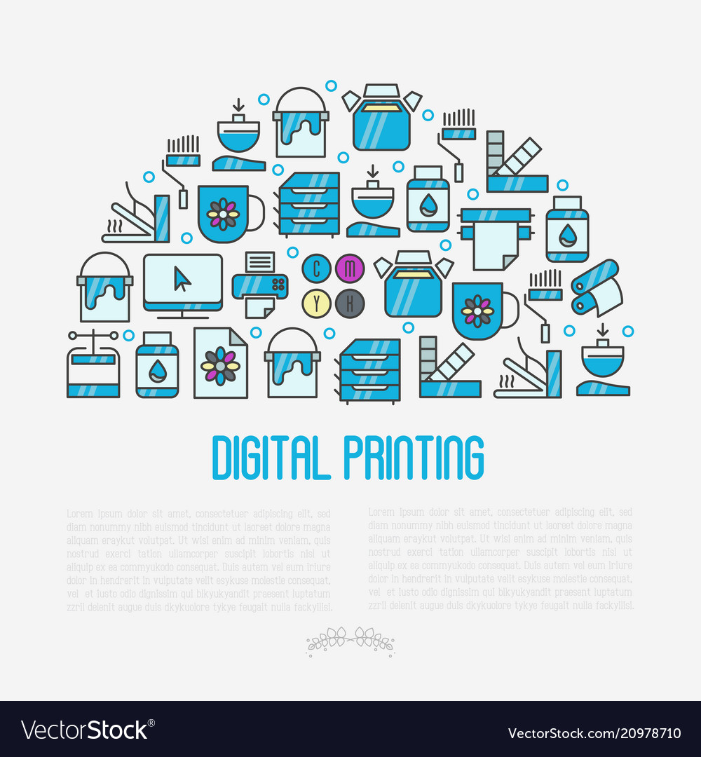 Digital printing concept with thin line icons