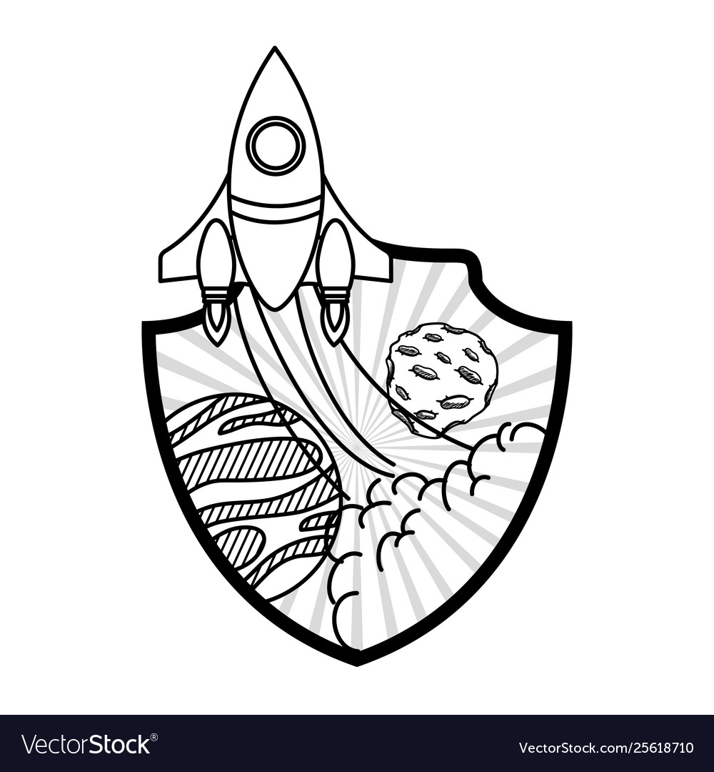 Frame with rocket taking off and planets