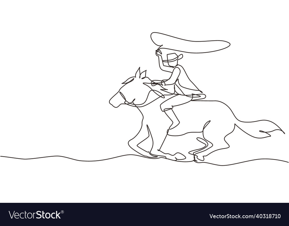 Single continuous line drawing cowboy on horse Vector Image