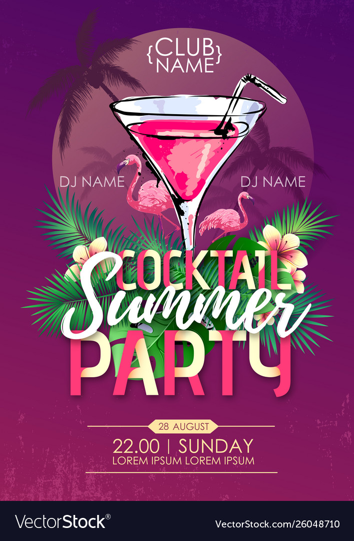 Summer beach party disco poster with cocktail Vector Image