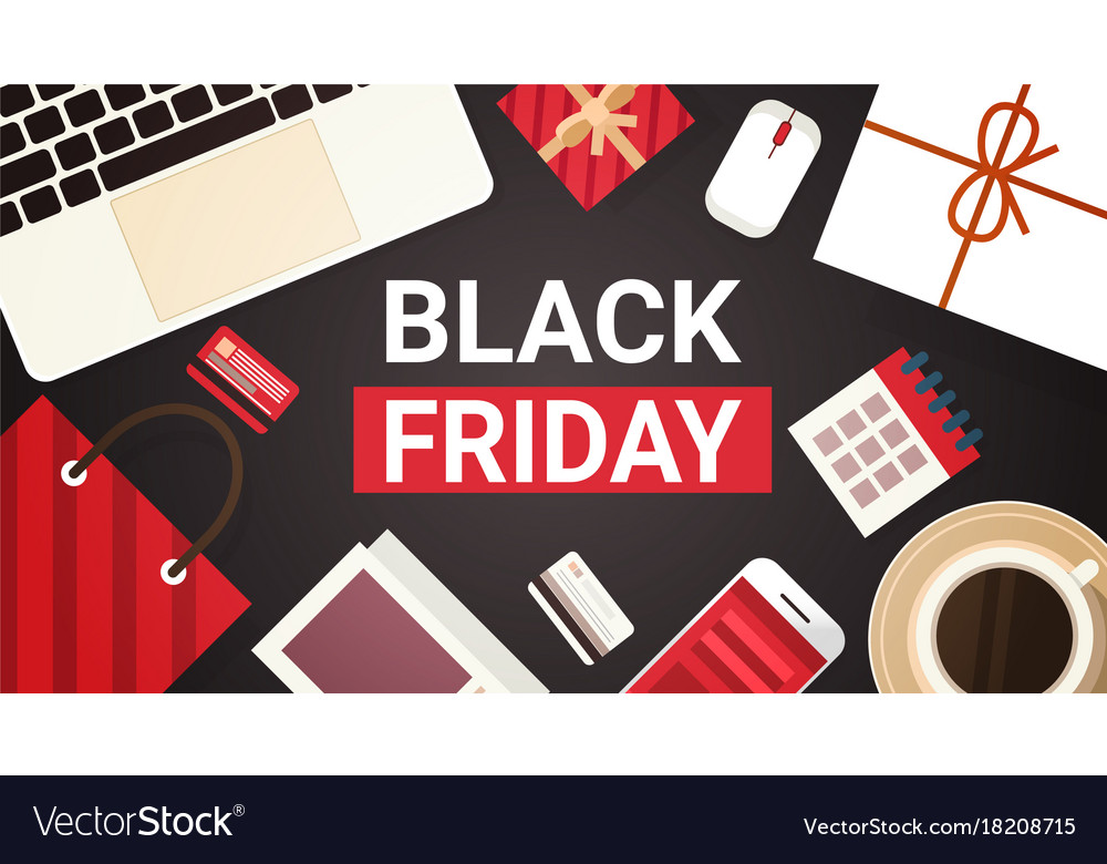 Black friday text on workplace desk with computer